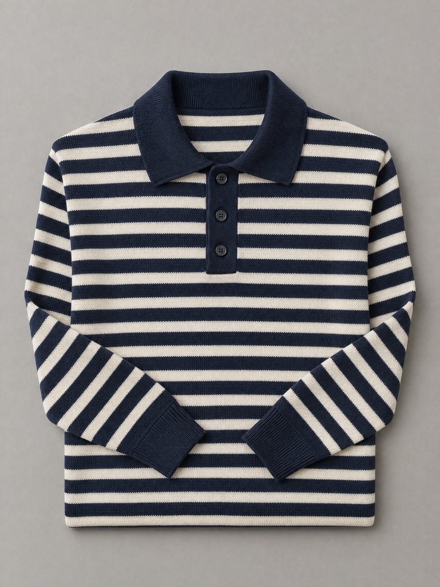 Navy and ecru striped polo-collar knit, 12 GG, Madinaple Fashion Craft Ltd.